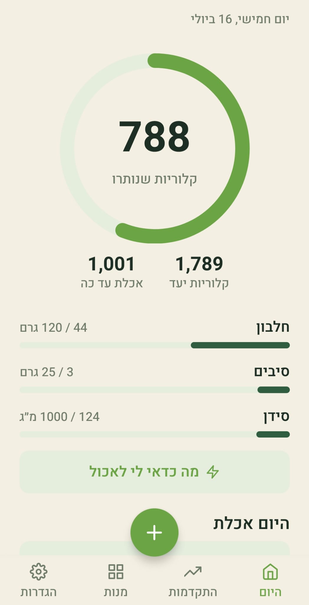 מסך היום באפליקציית מאזן: טבעת קלוריות עם 788 קלוריות שנותרו, יעד של 1,789 קלוריות, ומדדי חלבון, סיבים וסידן